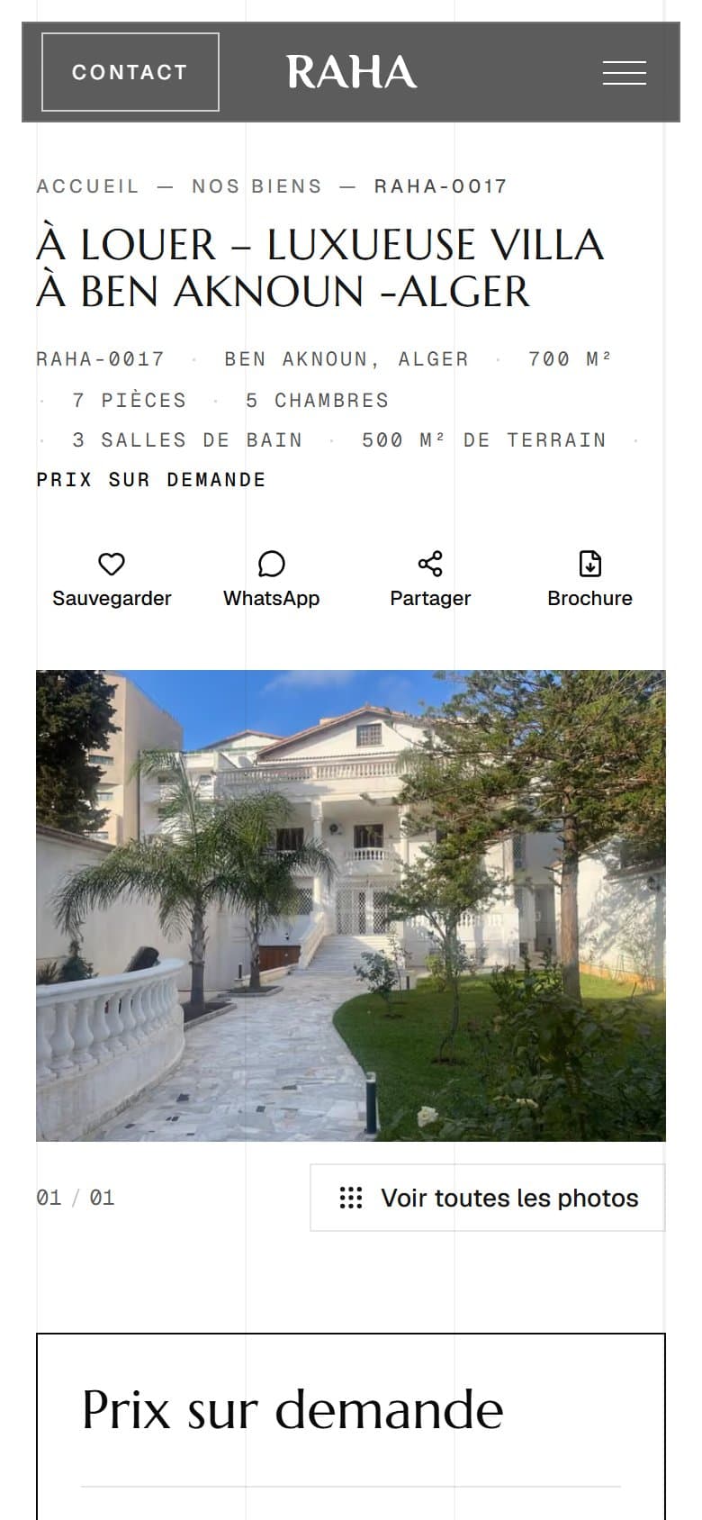 Property page in French, on mobile